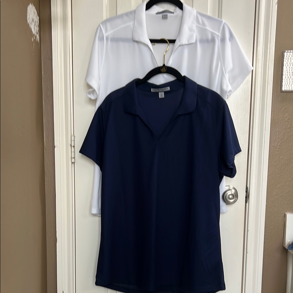 Port Authority Women's V-neck Collared Shirts (2) - White and Navy